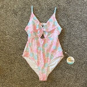 WOMEN'S RUCHED CUTOUT ONE-PIECE SWIMSUIT | OCEAN PEARL XL NWT